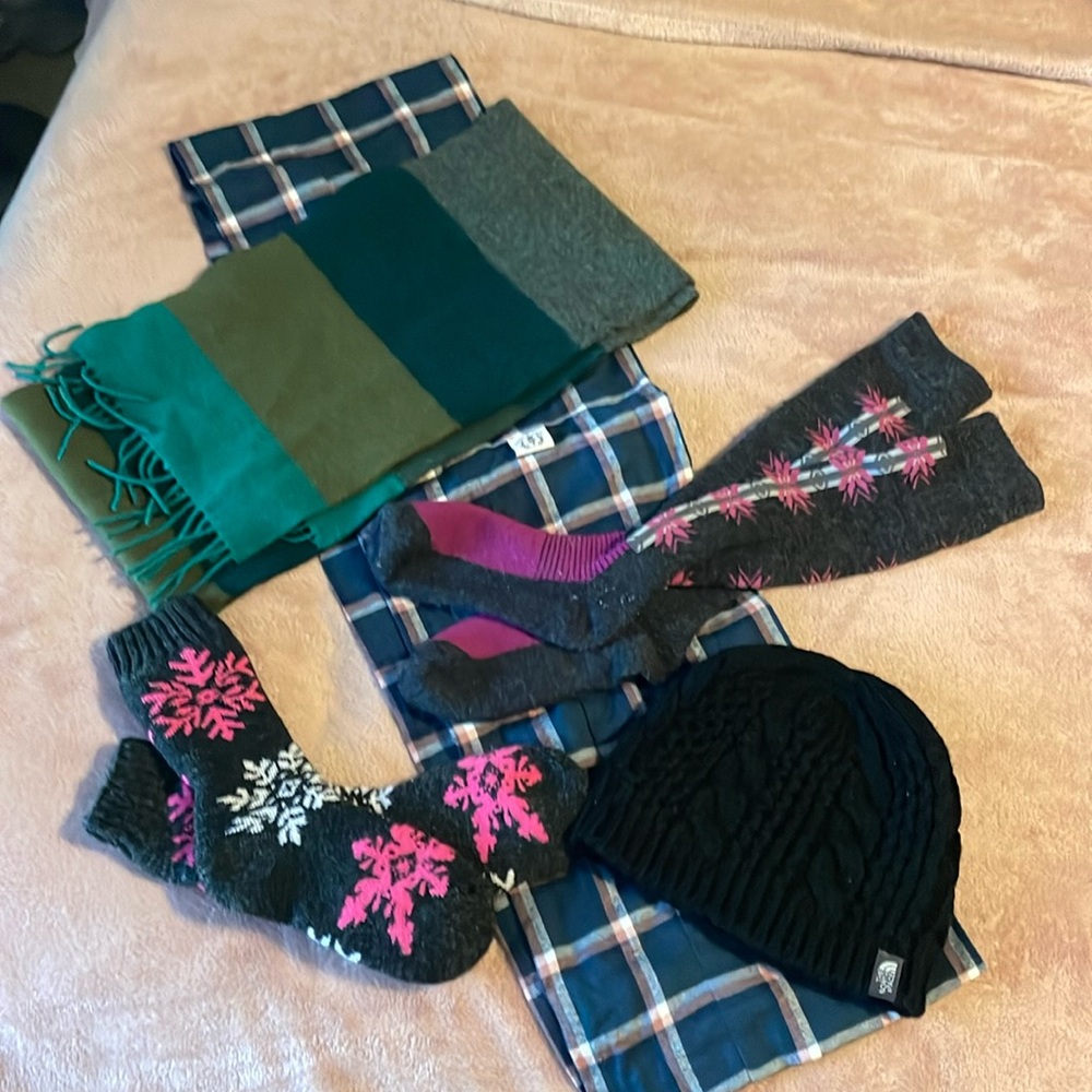 BUNDLE OF 5 Winter Accessories Scarves, Socks and Wool Blend Beanie
